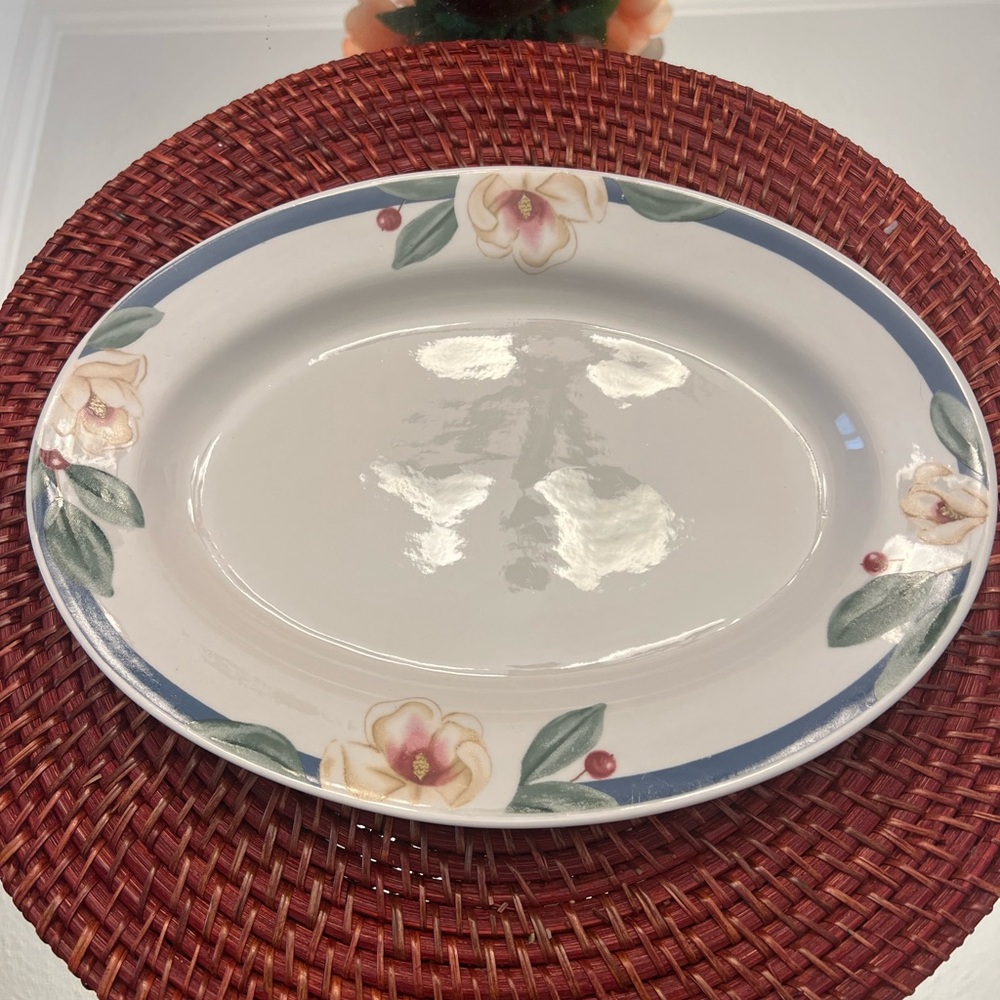 NEW Floral Oval Platter with Blue Trim